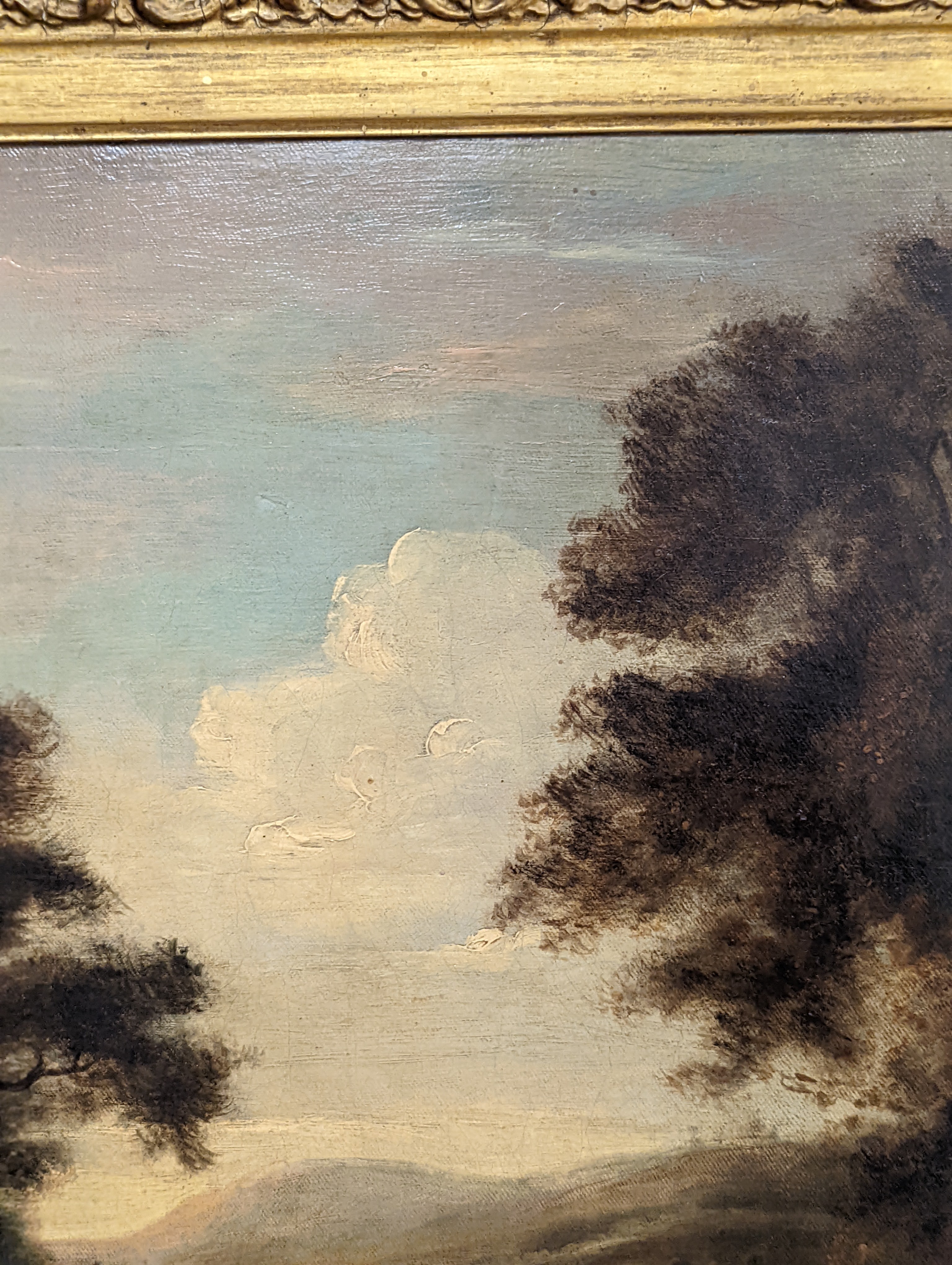 19th century English School, oil on canvas, Cattle watering in a landscape, 49 x 59cm